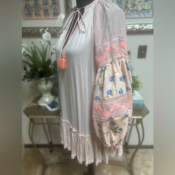 Anthropologie Embroidered Ruffle Pink Tunic Boho Mini Dress Coastal Cowgirl Sz S - Picture 4 of 12